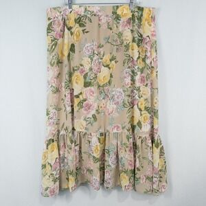 Susan Graver Petite XL Floral Printed Chiffon Tiered Maxi Skirt Tan Yellow Lined